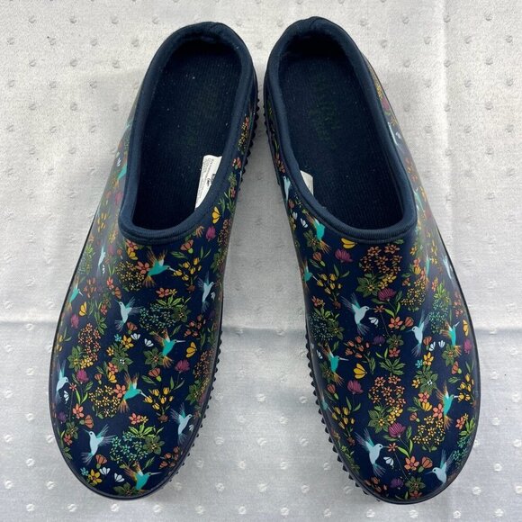 Western Chief Clog Shoes Women 10 Navy Blue Hummingbirds Waterproof Flat Slip On - Picture 3 of 10